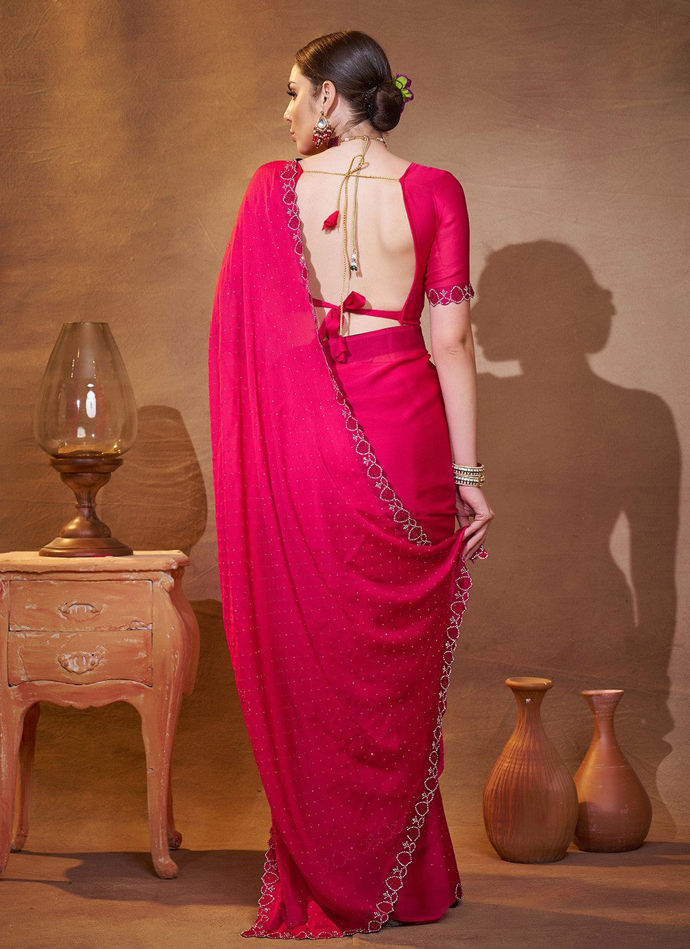Swarovski Chiffon Satin Pink Saree S14369