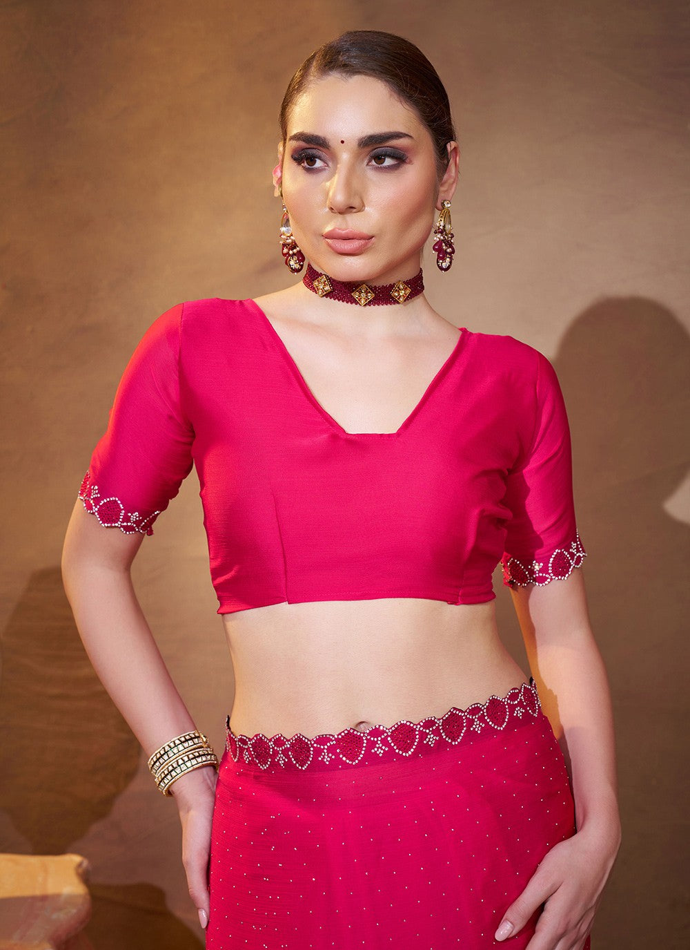 Swarovski Chiffon Satin Pink Saree S14369