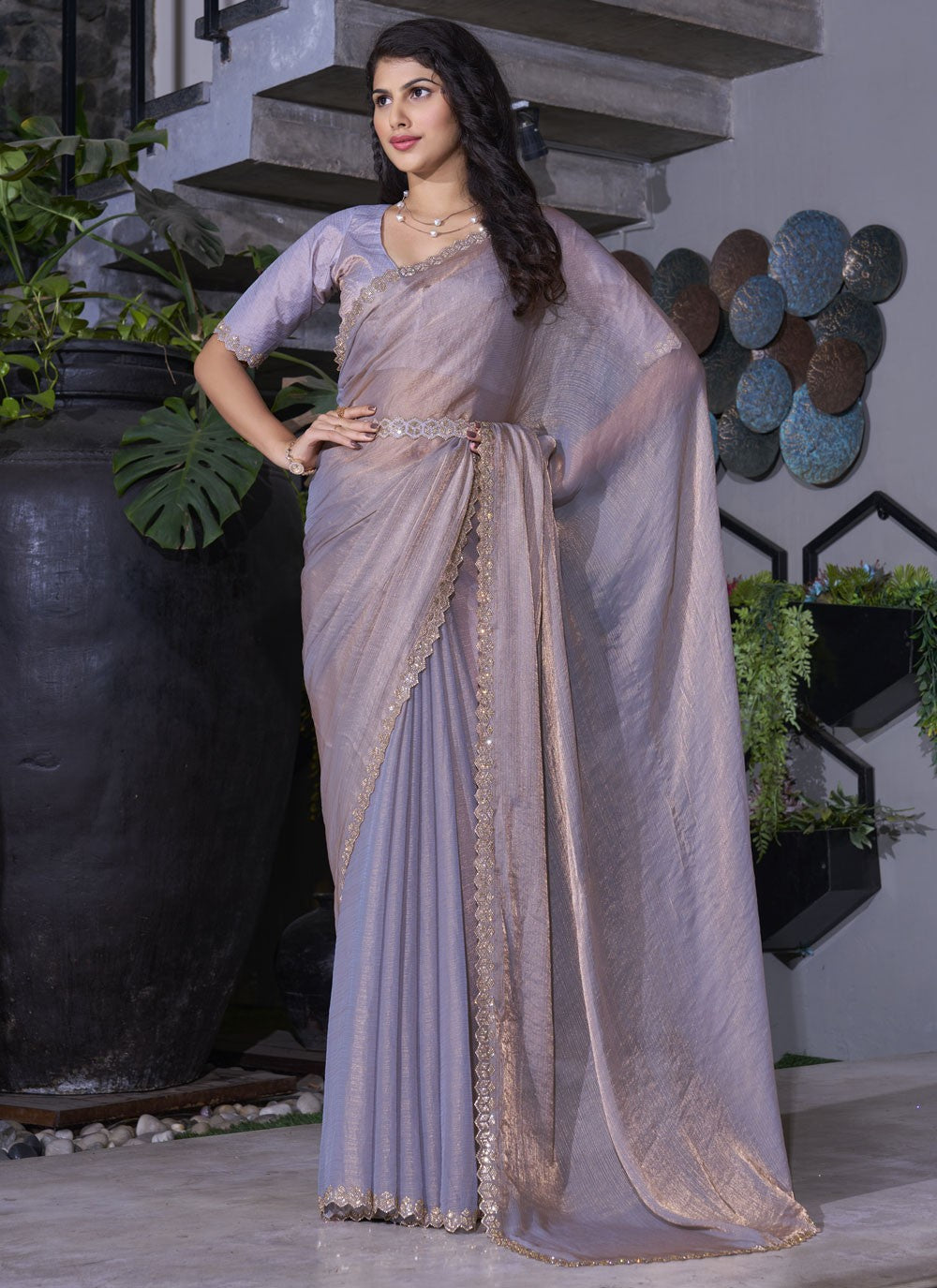 Cutdana, Swarovski Chiffon Satin Saree - S11946