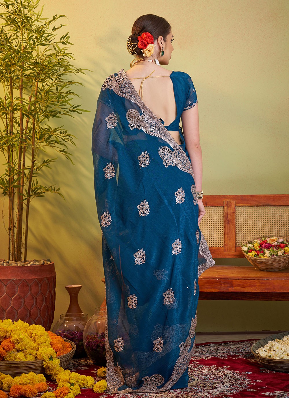 Swarovski Chiffon Teal Saree S14370