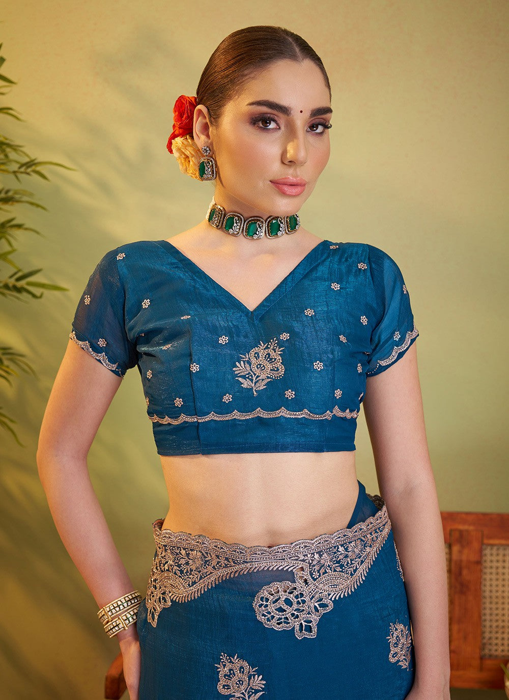 Swarovski Chiffon Teal Saree S14370