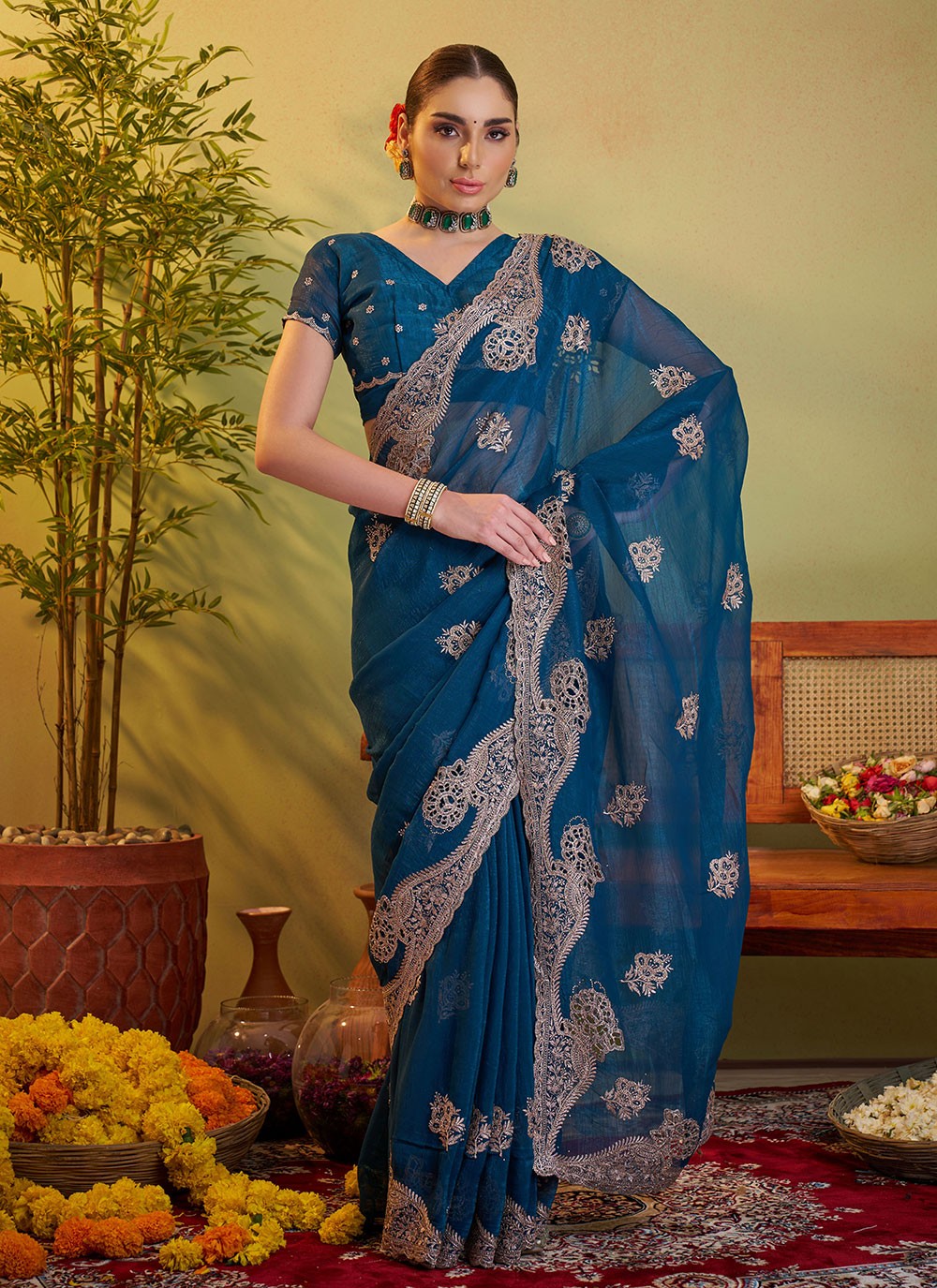 Swarovski Chiffon Teal Saree S14370