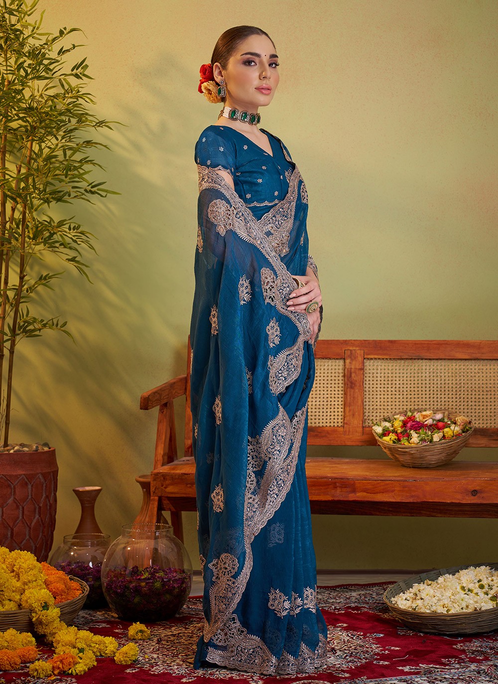 Swarovski Chiffon Teal Saree S14370