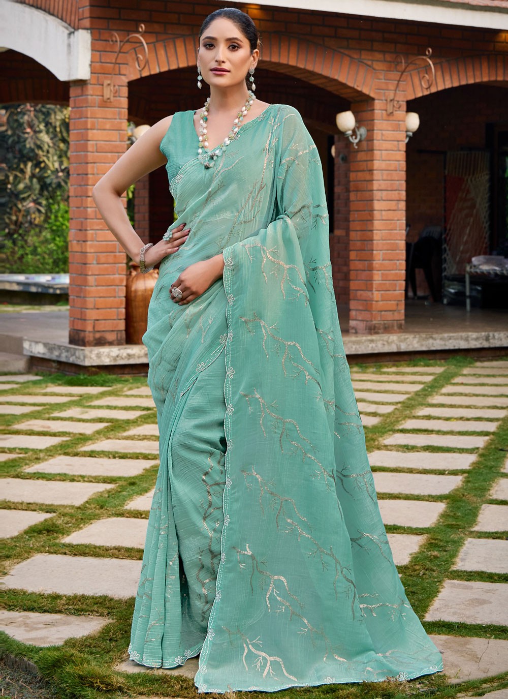Designer Swarovski Aqua Blue Silk Saree S13467