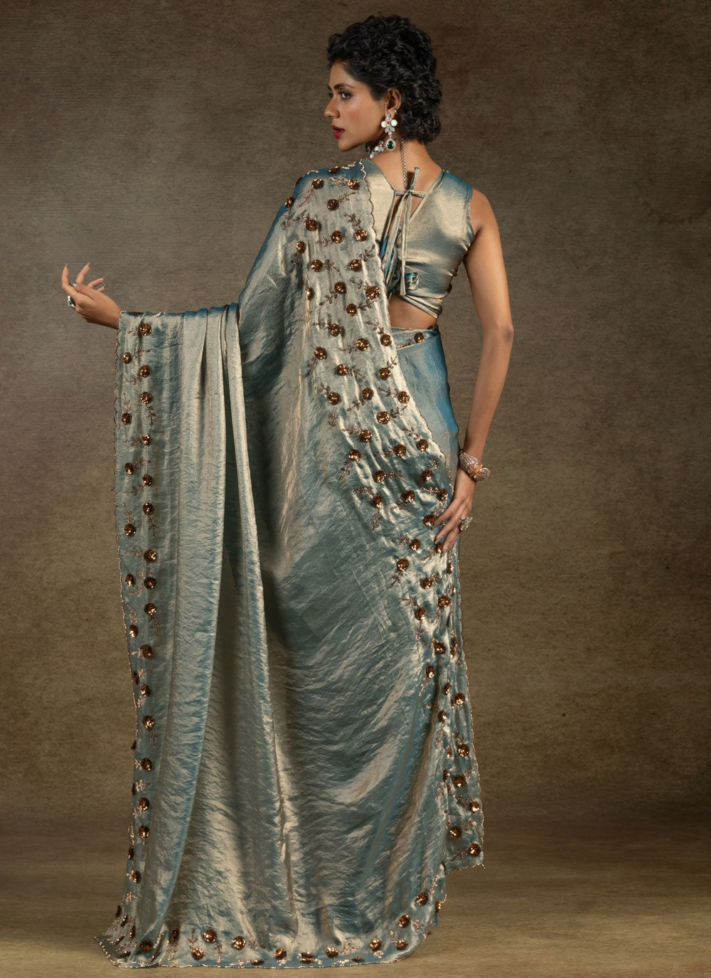 Sequins Satin Silk Firozi Saree S14820