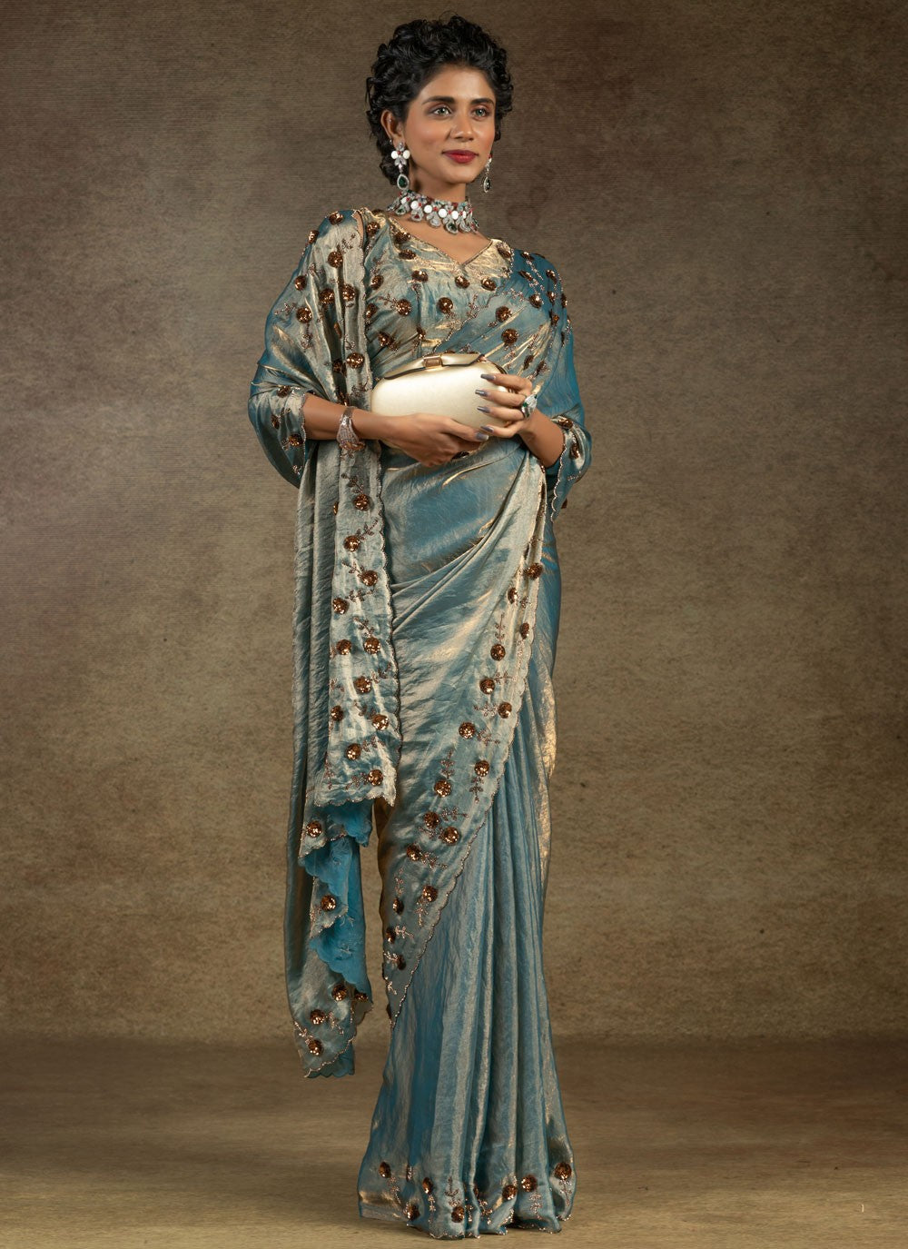Sequins Satin Silk Firozi Saree S14820