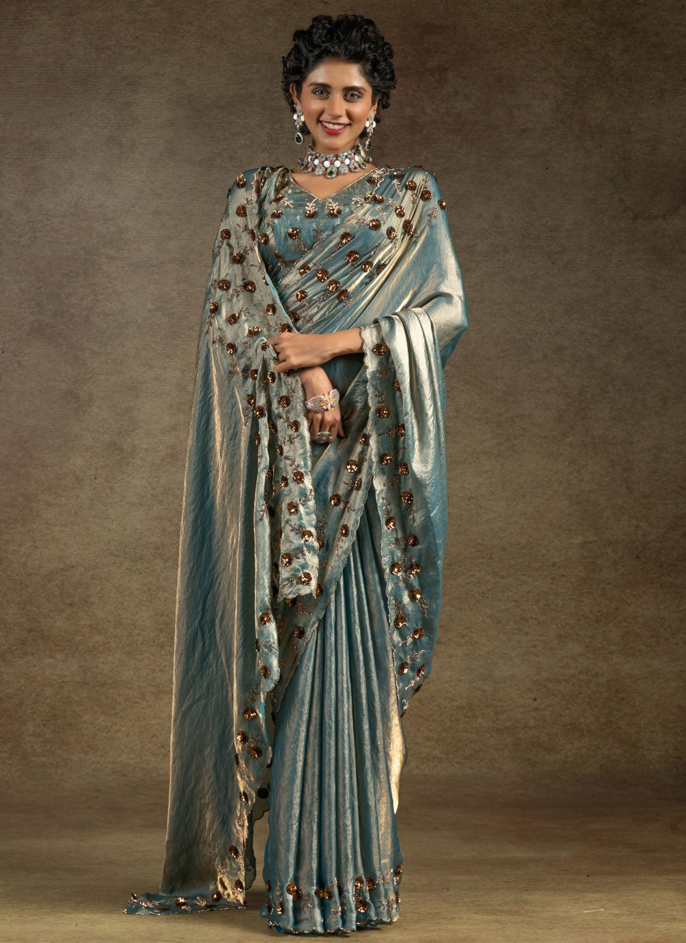 Sequins Satin Silk Firozi Saree S14820