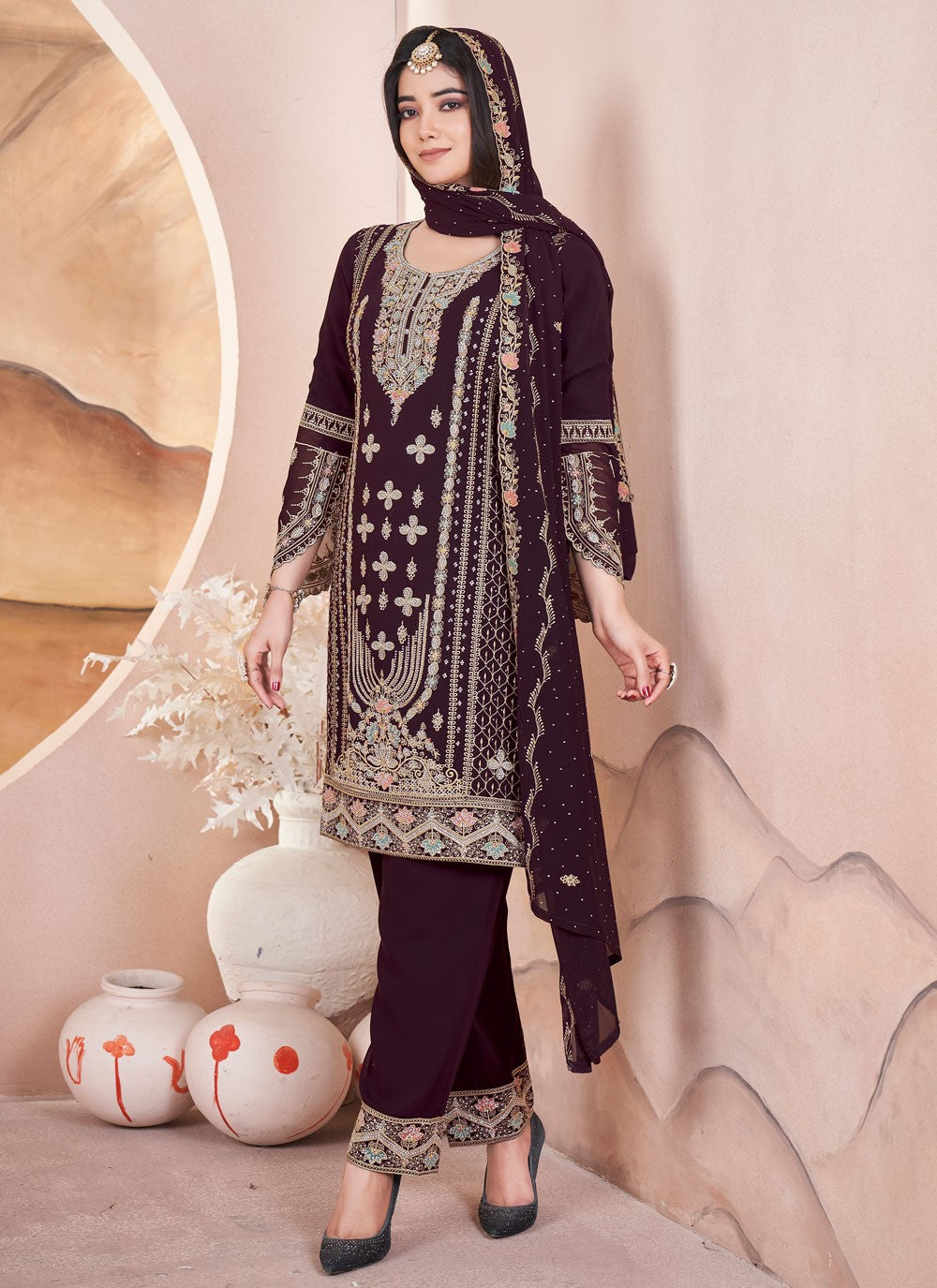 Salwar Suit Embroidered Purple Georgette T5755