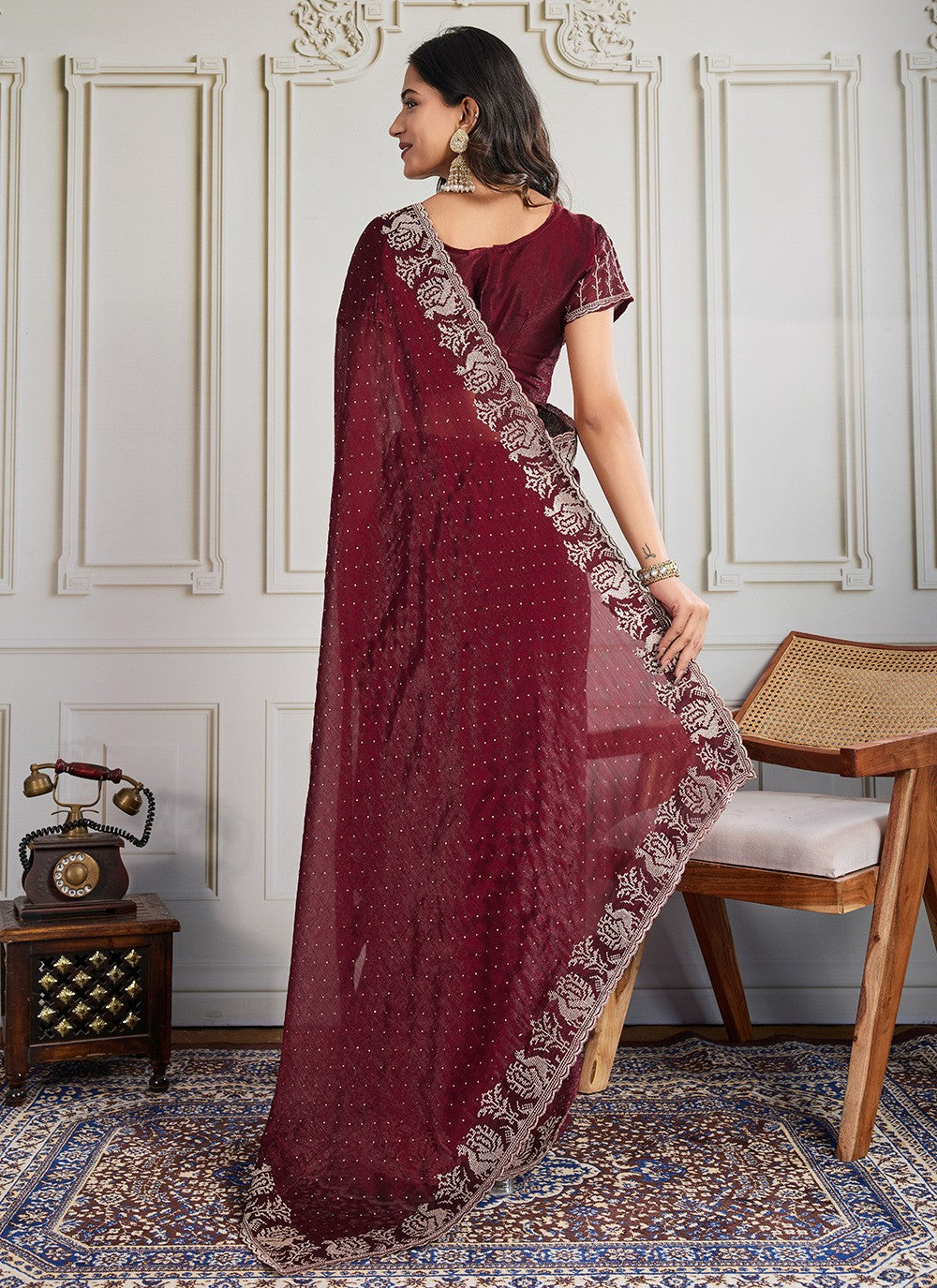 Maroon Georgette Contemporary Saree Embroidered, Swarovski S19301