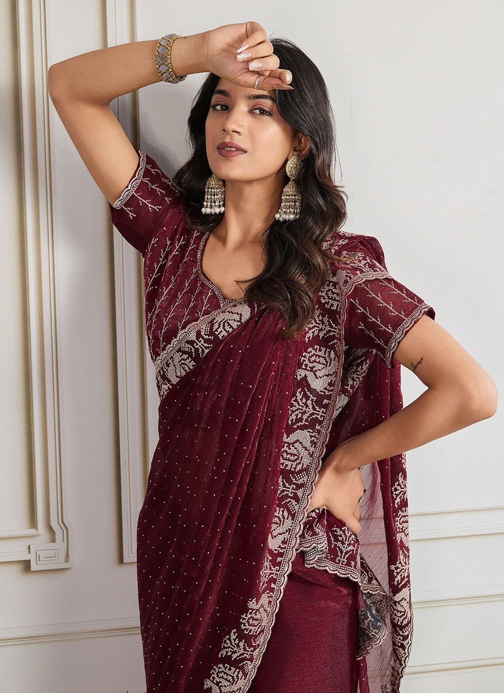 Maroon Georgette Contemporary Saree Embroidered, Swarovski S19301