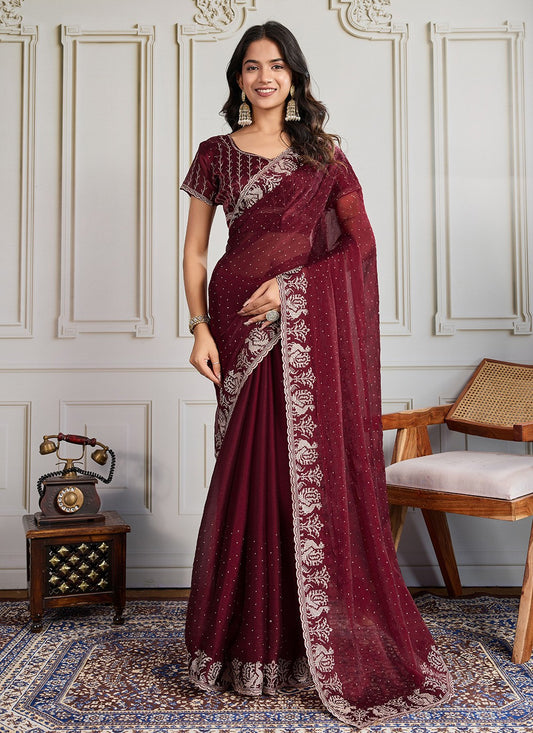 Maroon Georgette Contemporary Saree Embroidered, Swarovski S19301