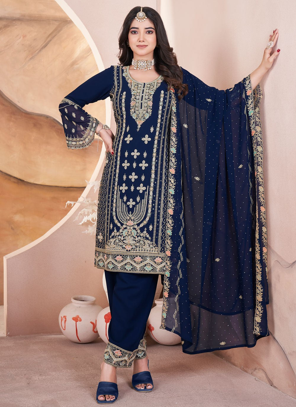 Salwar Suit Embroidered Navy Blue Georgette T5754