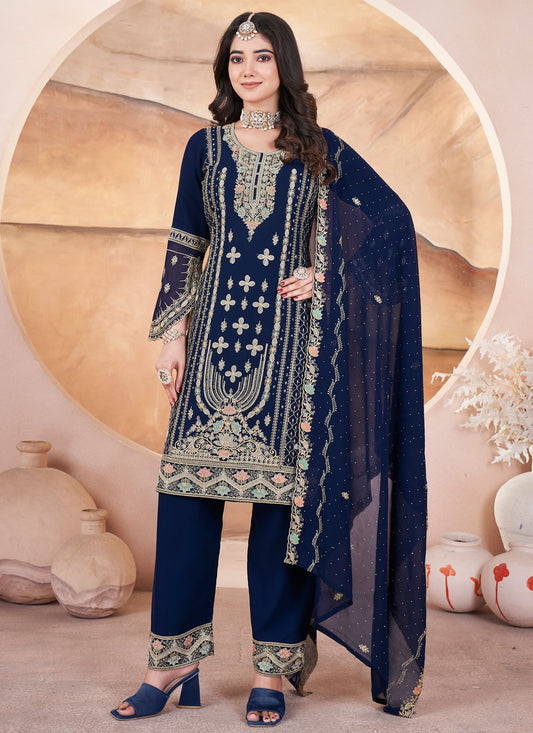 Salwar Suit Embroidered Navy Blue Georgette T5754