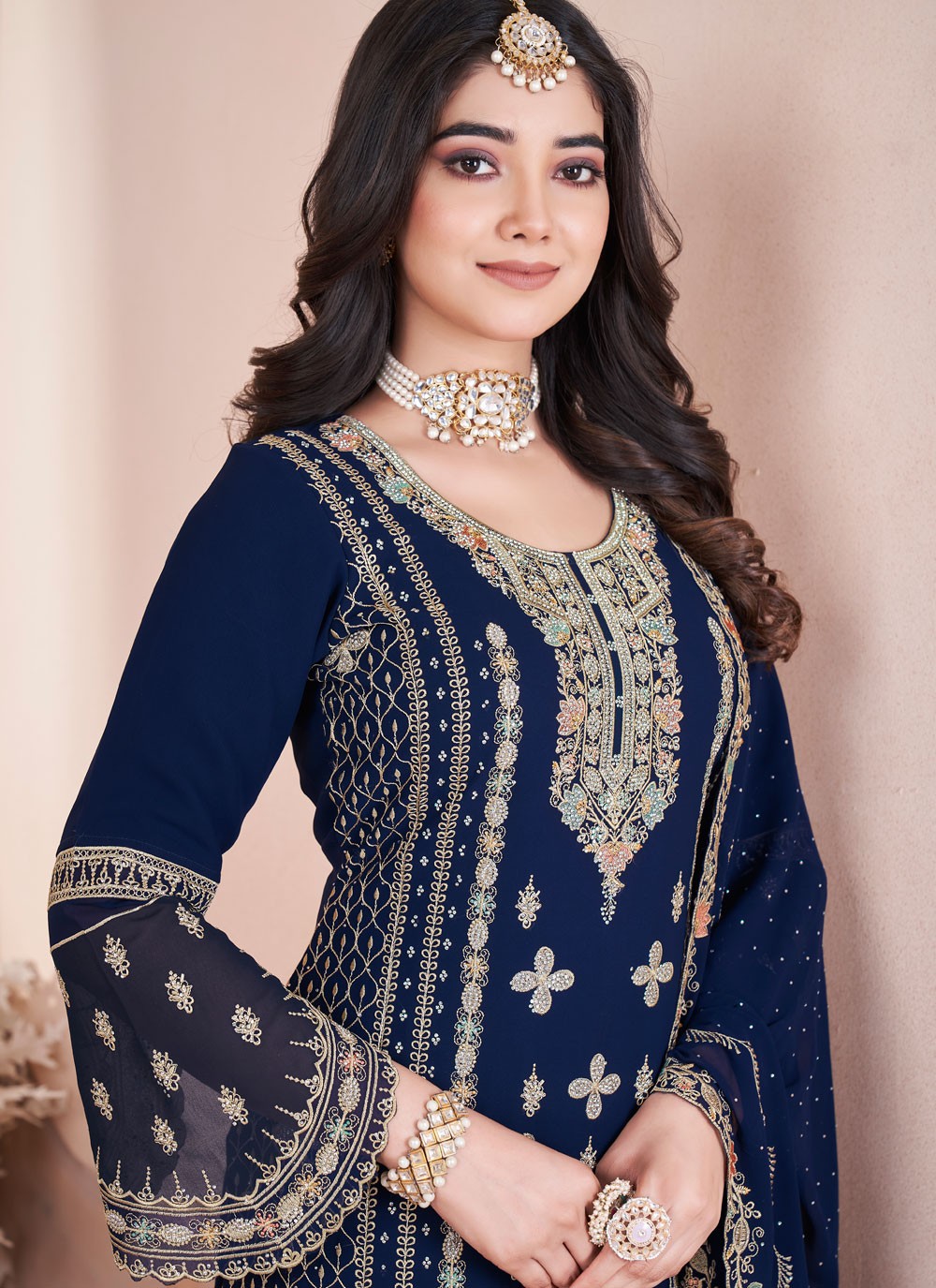 Salwar Suit Embroidered Navy Blue Georgette T5754