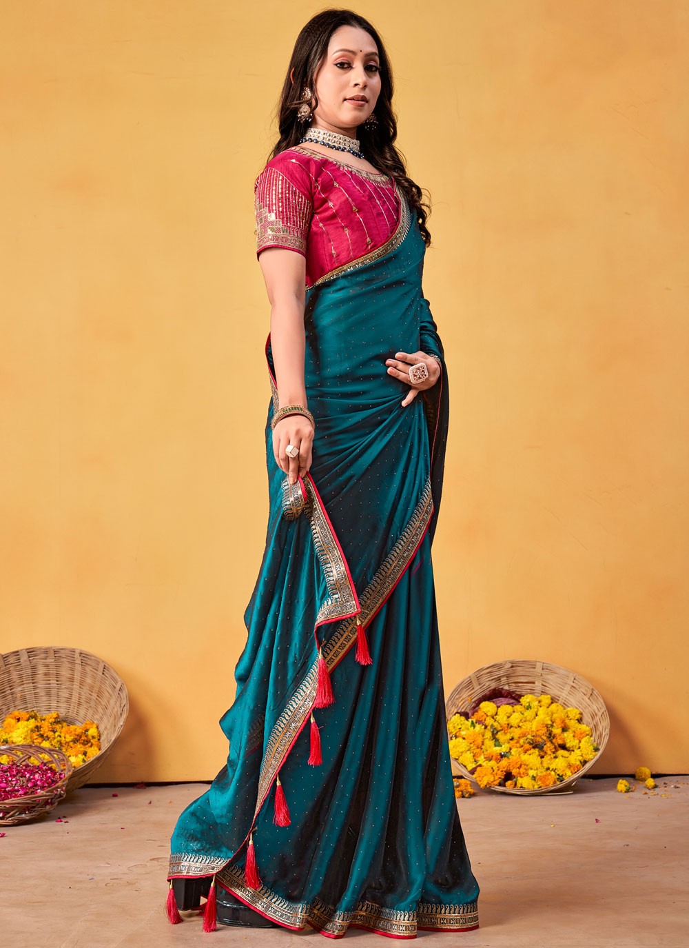 Trendy Saree Border Work Blue, Teal Rangoli Saree S12684