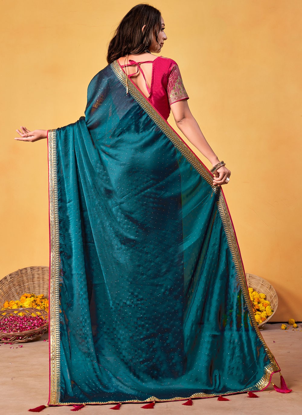 Trendy Saree Border Work Blue, Teal Rangoli Saree S12684