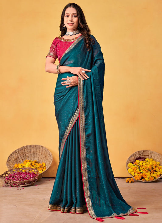 Trendy Saree Border Work Blue, Teal Rangoli Saree S12684