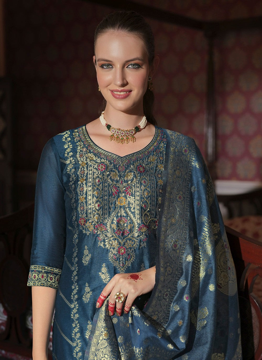 Pant Style Suit Hand Embroidery, Jacquard Work, Woven Teal T8168