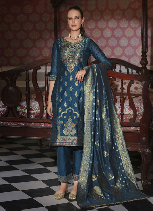 Pant Style Suit Hand Embroidery, Jacquard Work, Woven Teal T8168