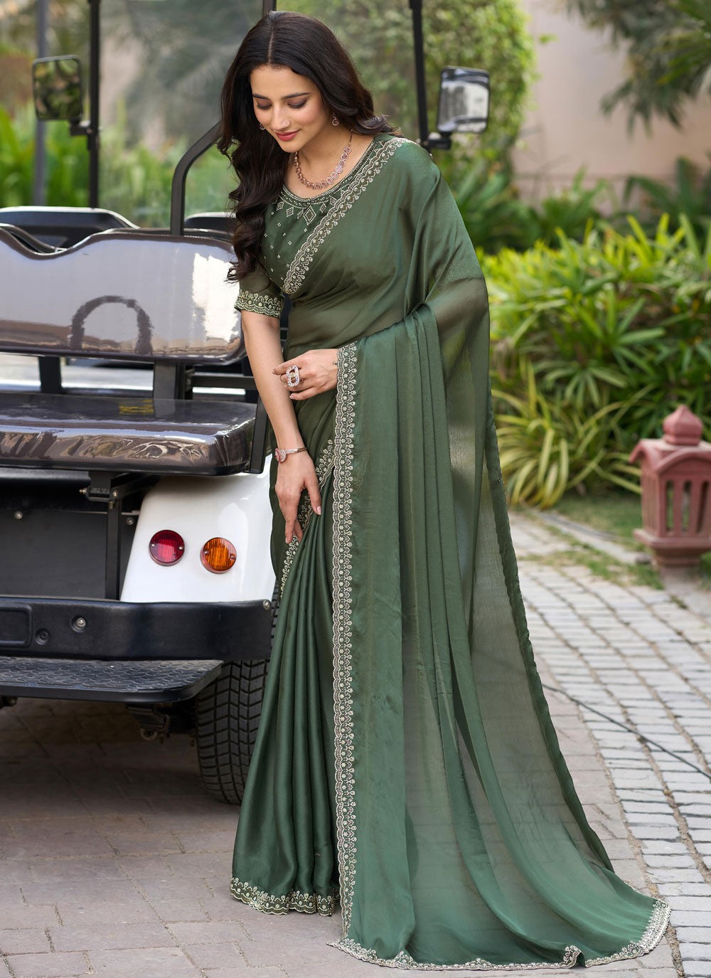 Beads Chiffon Satin Teal Saree S14548