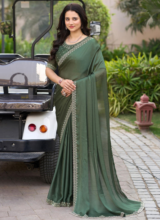 Beads Chiffon Satin Teal Saree S14548