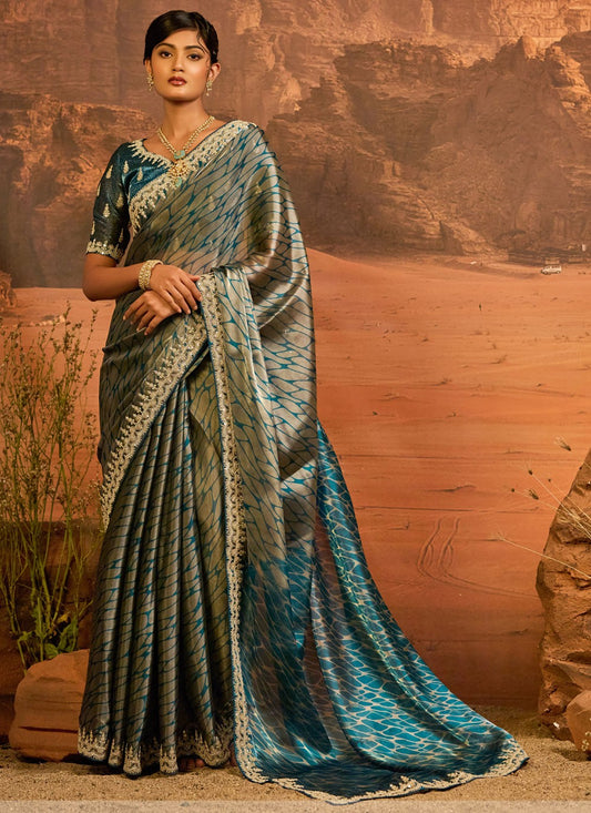 Teal Jimmy Chu Classic Saree Border Work, Embroidered, Zari S18502