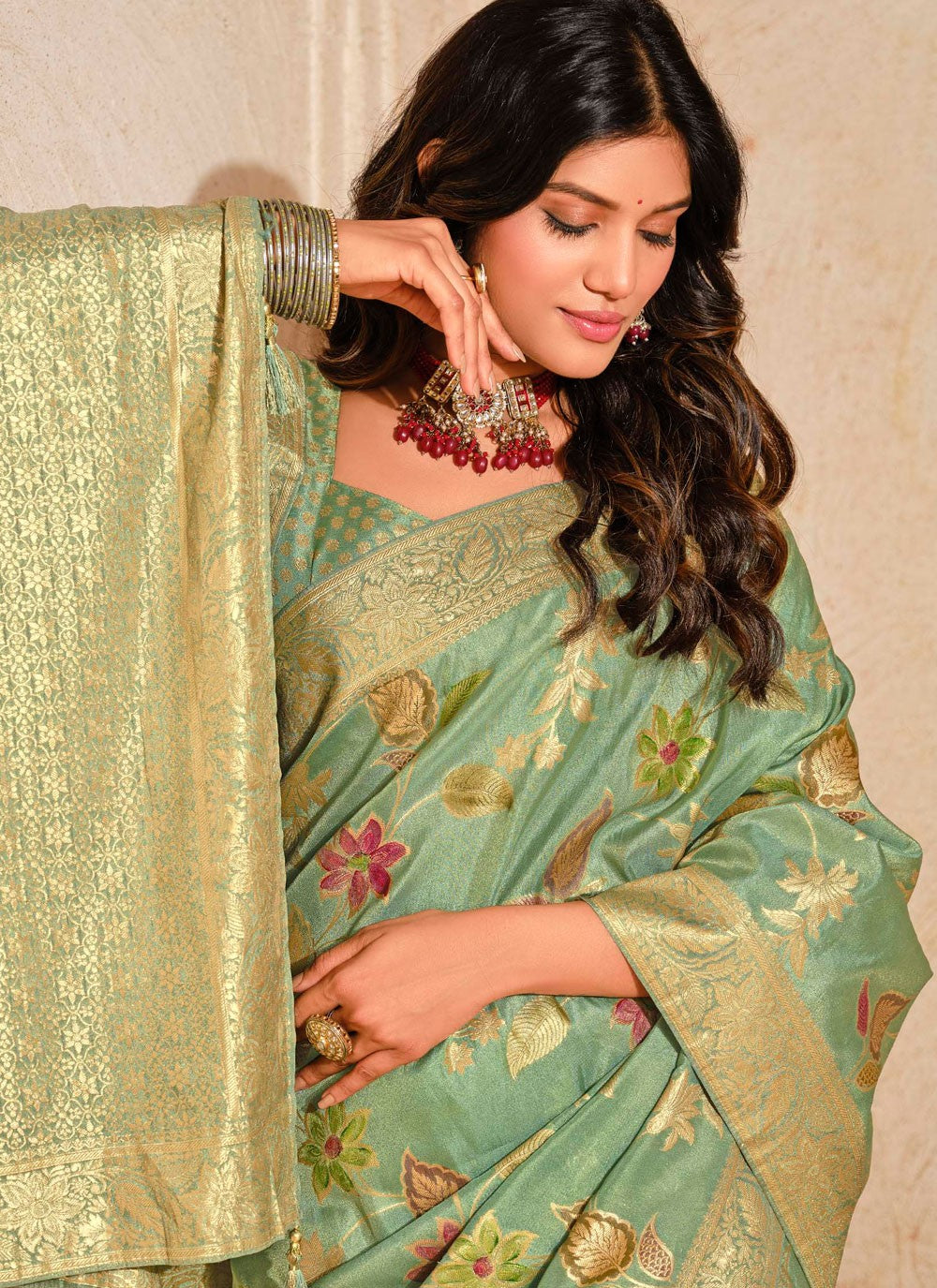 Contemporary Fancy Work Teal Silk Saree S13264