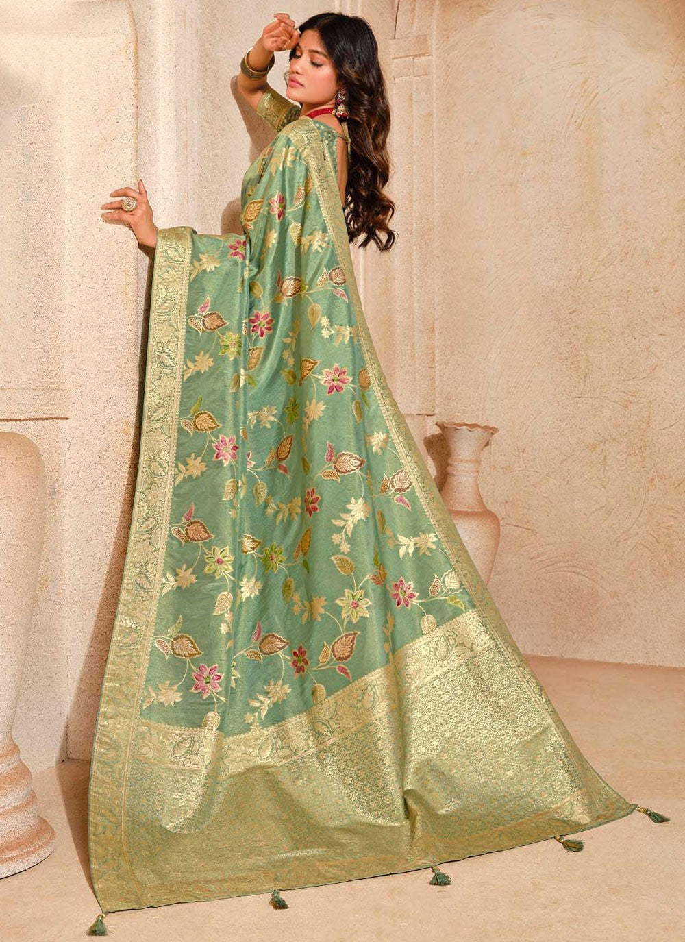 Contemporary Fancy Work Teal Silk Saree S13264