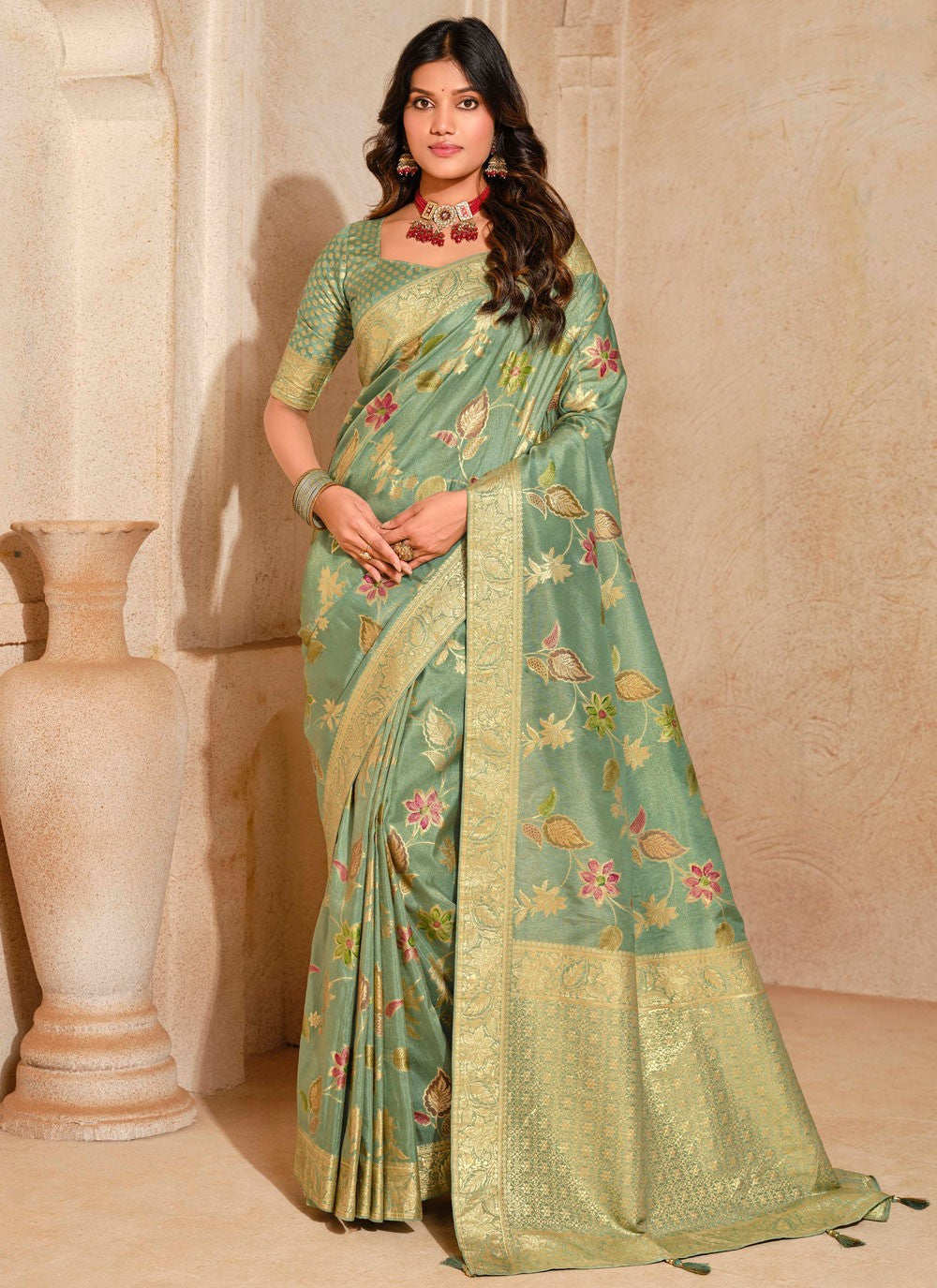 Contemporary Fancy Work Teal Silk Saree S13264