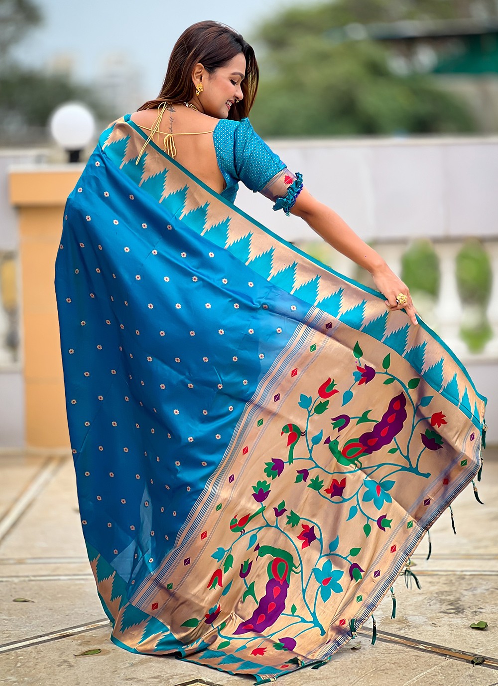 Teal Silk Contemporary Saree Jacquard Work, Meenakari S18358