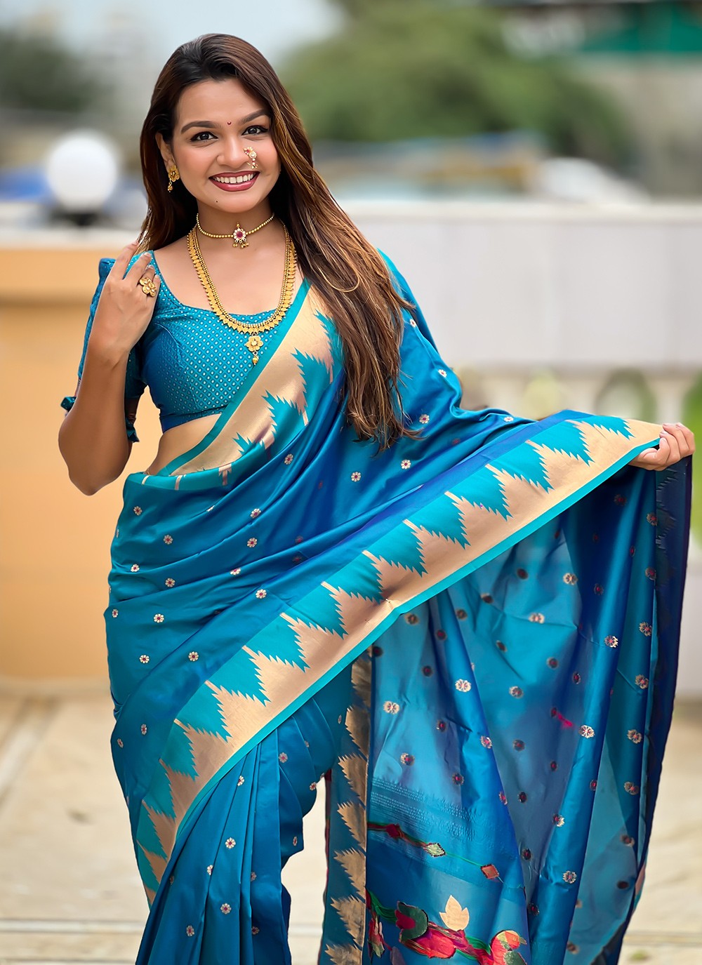 Teal Silk Contemporary Saree Jacquard Work, Meenakari S18358