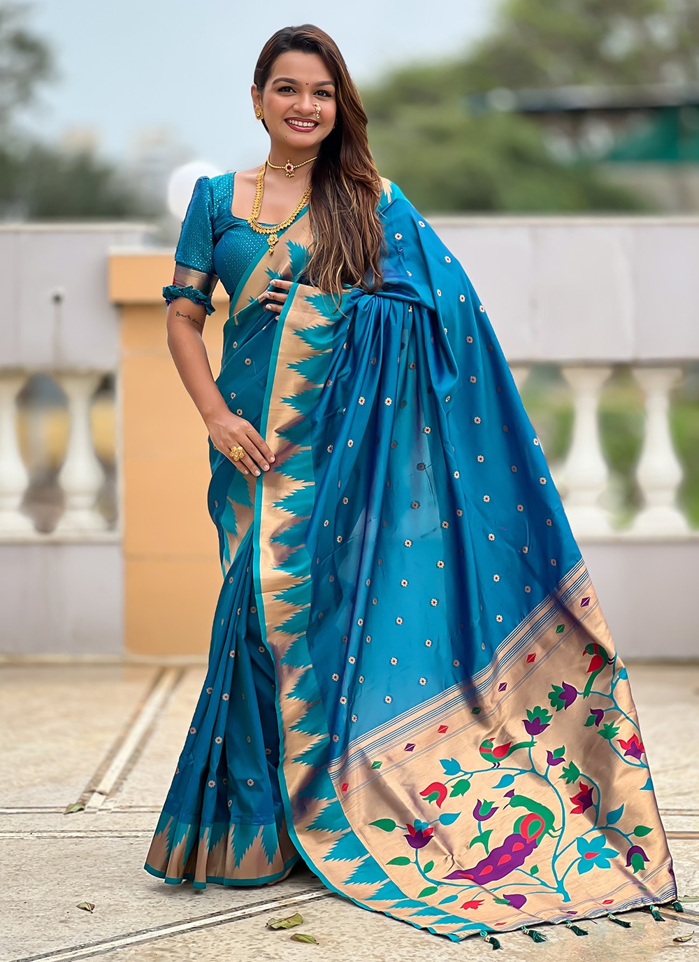 Teal Silk Contemporary Saree Jacquard Work, Meenakari S18358