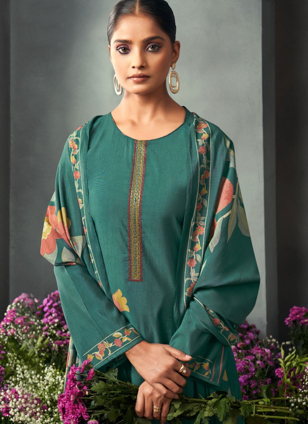 Salwar Suit Embroidered Teal Muslin T5102
