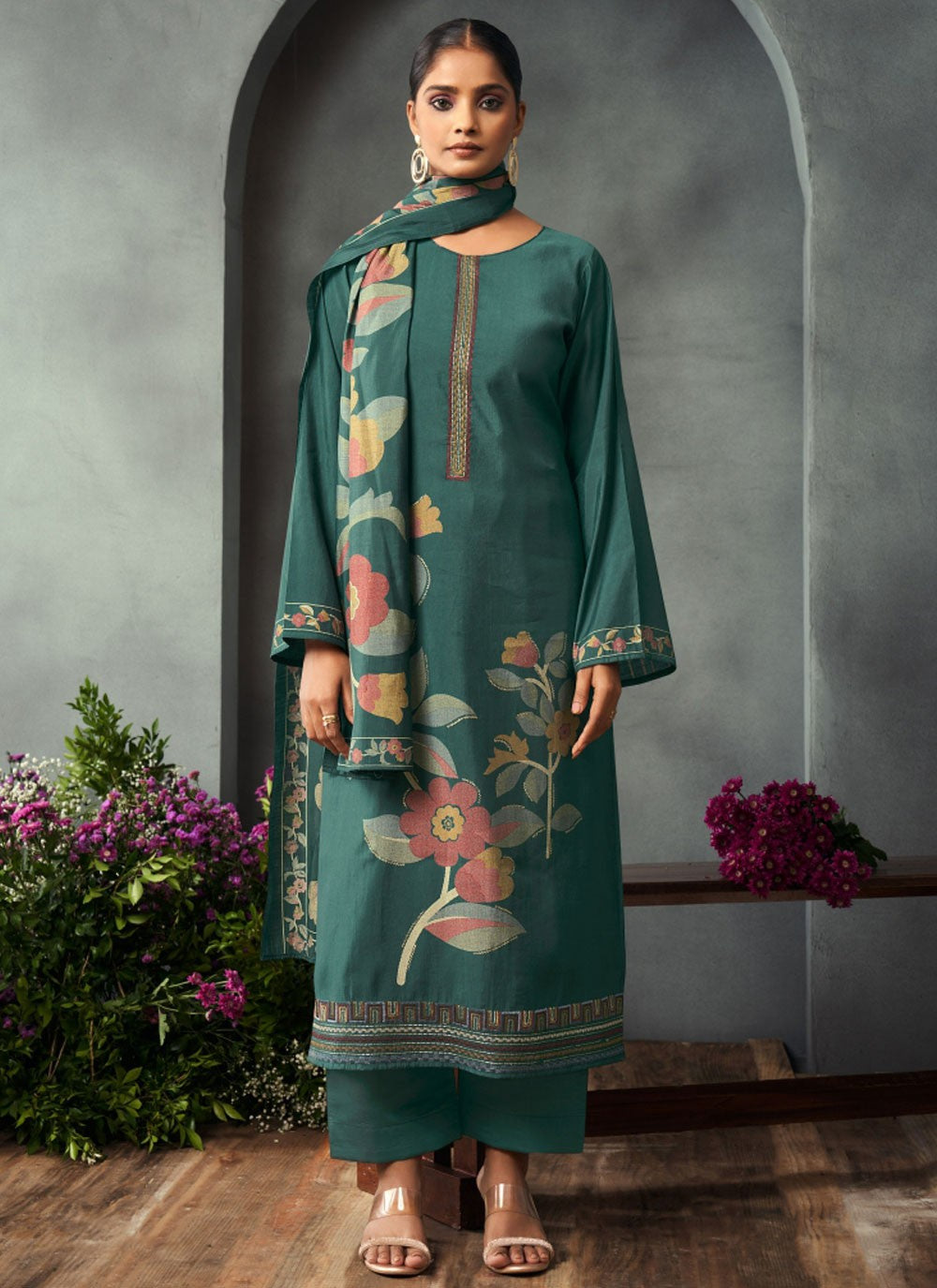 Salwar Suit Embroidered Teal Muslin T5102