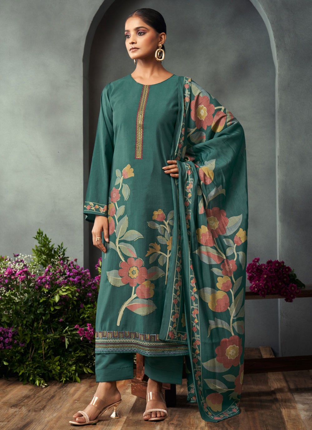 Salwar Suit Embroidered Teal Muslin T5102