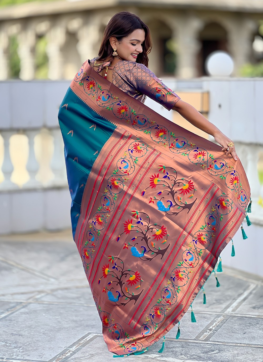 Teal Silk Trendy Saree Jacquard Work, Meenakari S19945