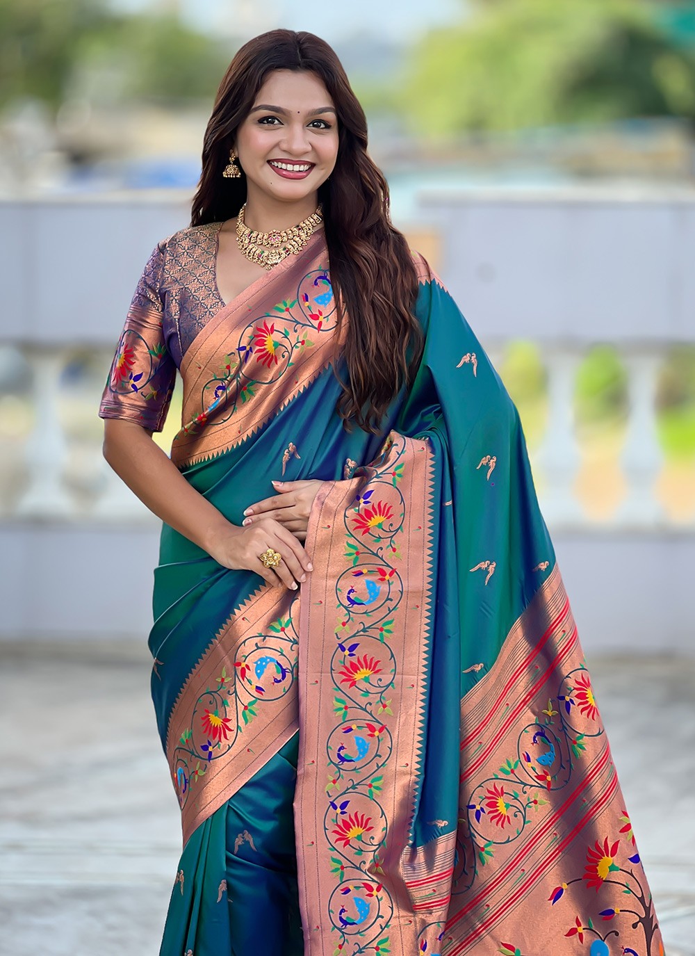 Teal Silk Trendy Saree Jacquard Work, Meenakari S19945