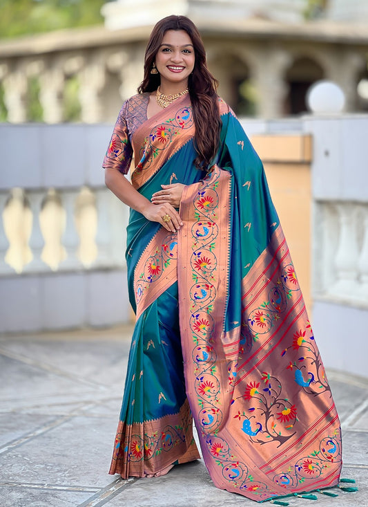 Teal Silk Trendy Saree Jacquard Work, Meenakari S19945