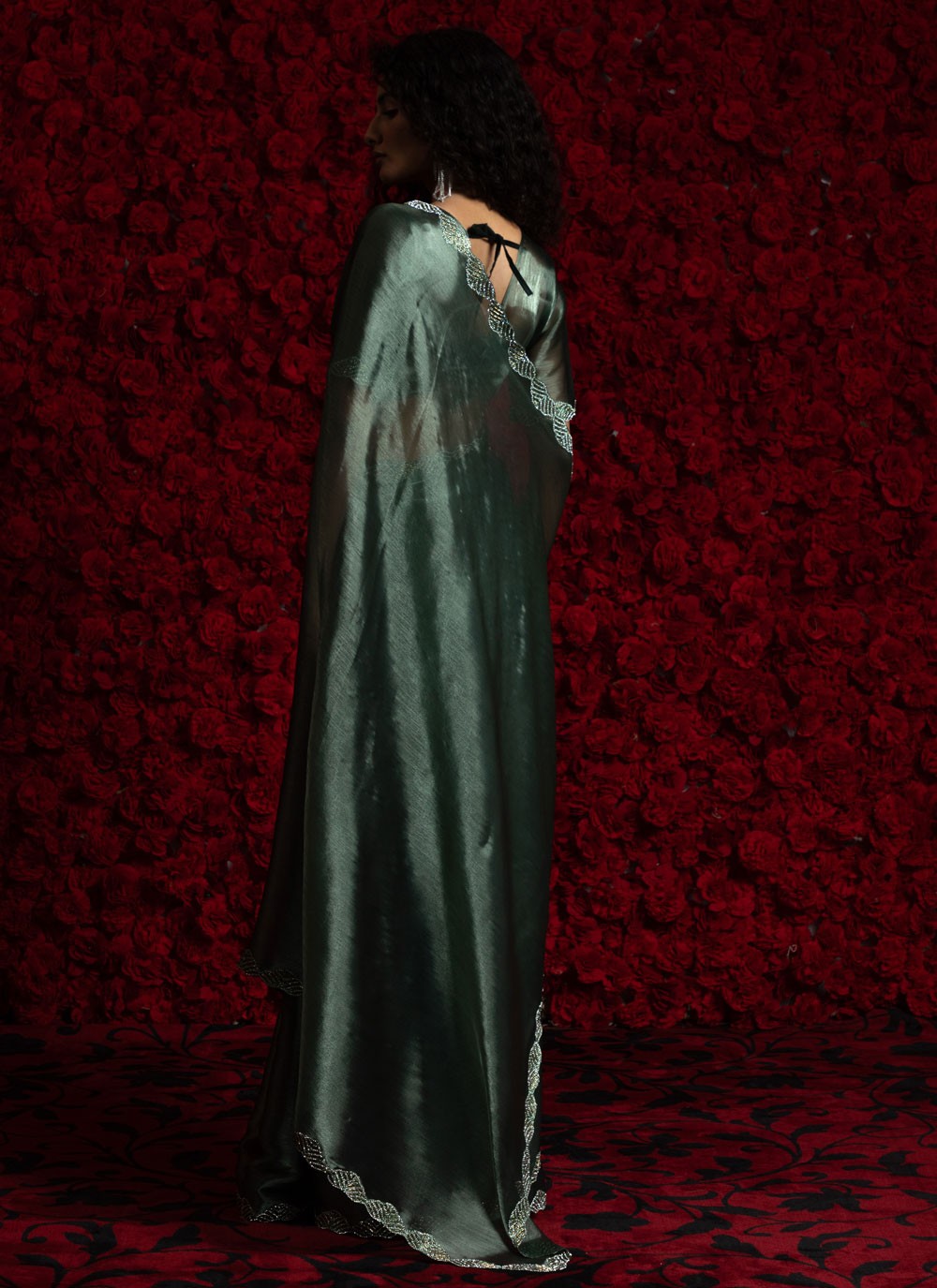 Teal Chiffon Contemporary Saree Hand Embroidery, Zircon S17798