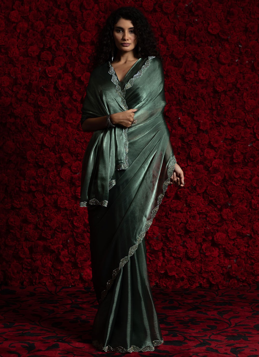 Teal Chiffon Contemporary Saree Hand Embroidery, Zircon S17798