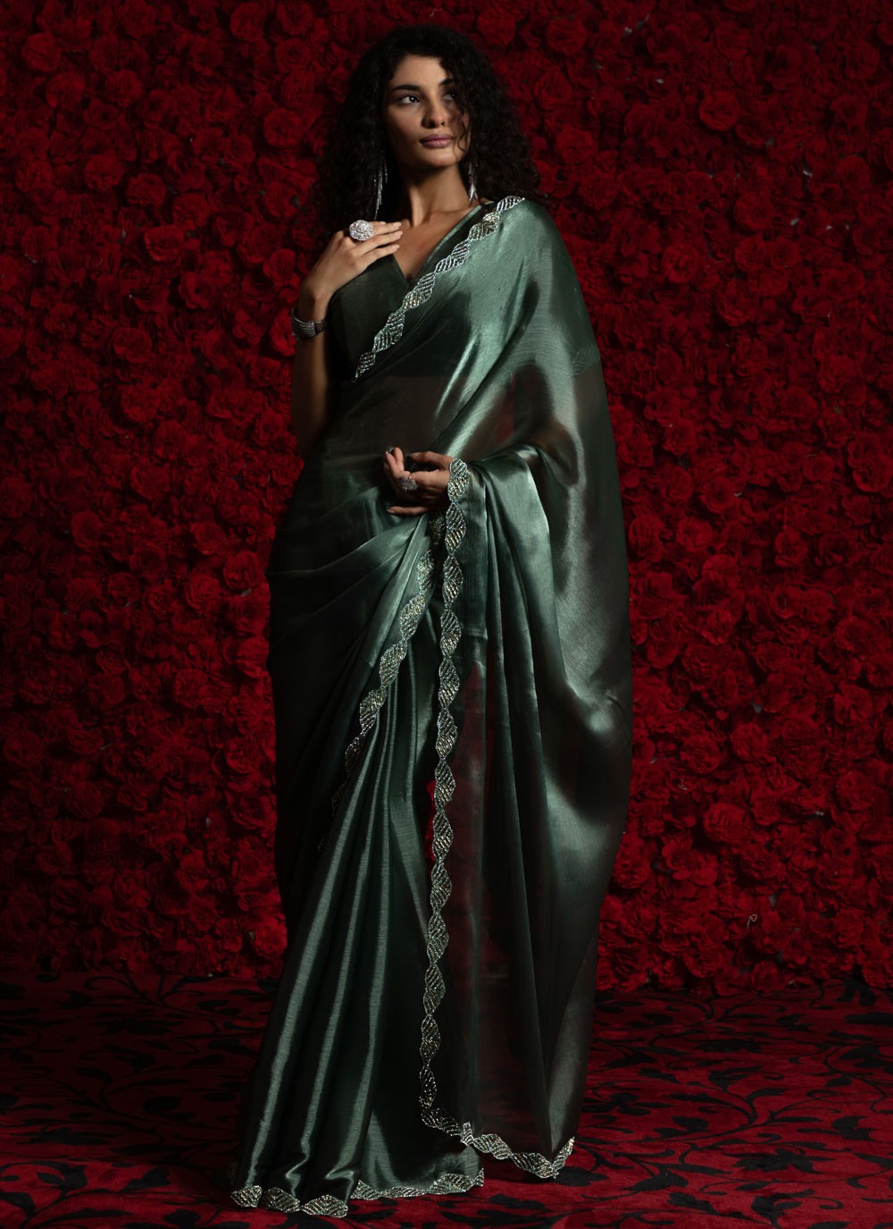 Teal Chiffon Contemporary Saree Hand Embroidery, Zircon S17798