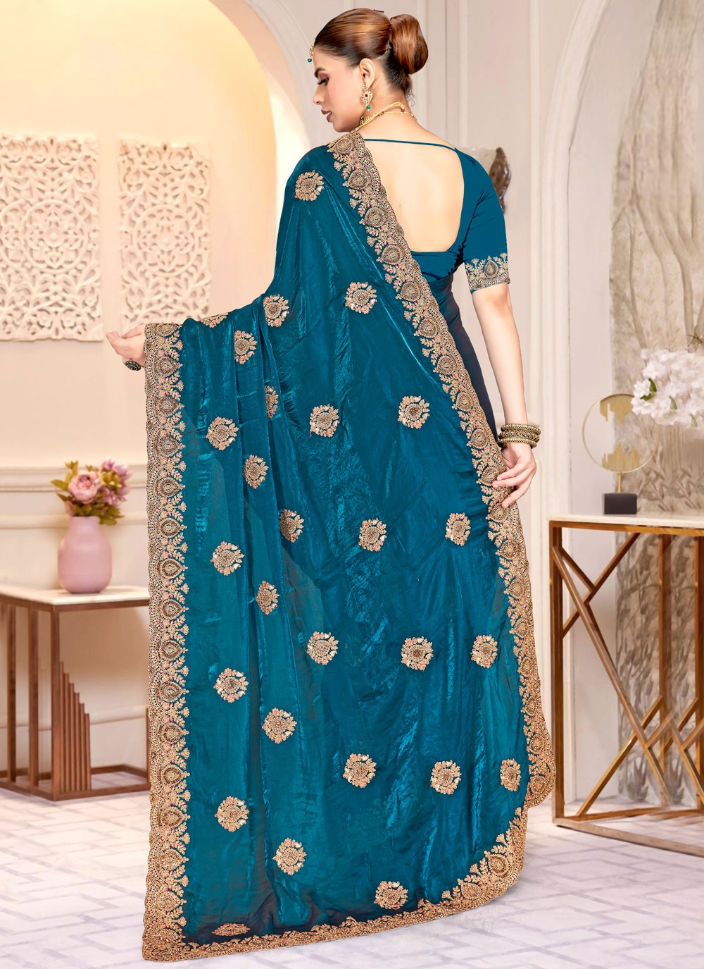 Teal Satin Silk Classic Saree Cord, Embroidered S20215