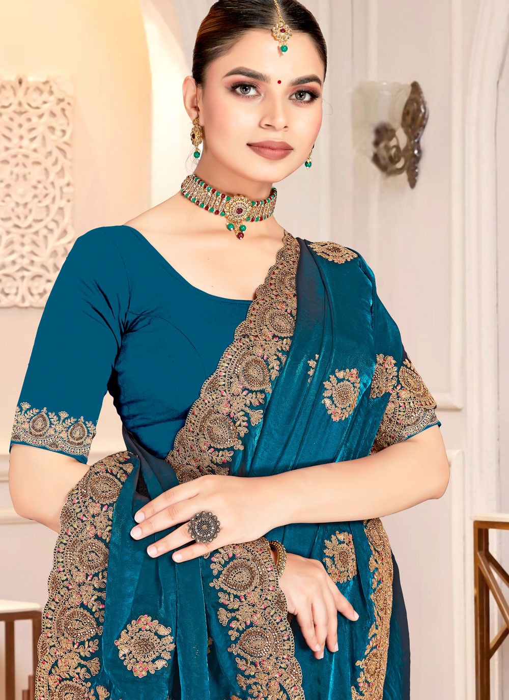 Teal Satin Silk Classic Saree Cord, Embroidered S20215
