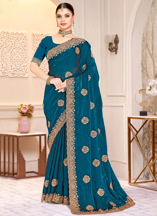 Teal Satin Silk Classic Saree Cord, Embroidered S20215