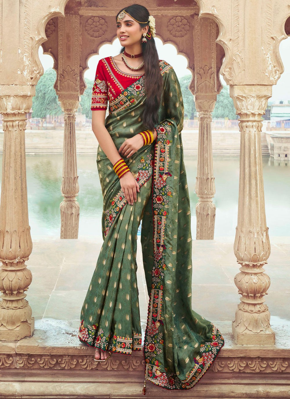Embroidered Silk Teal Classic Saree S15347