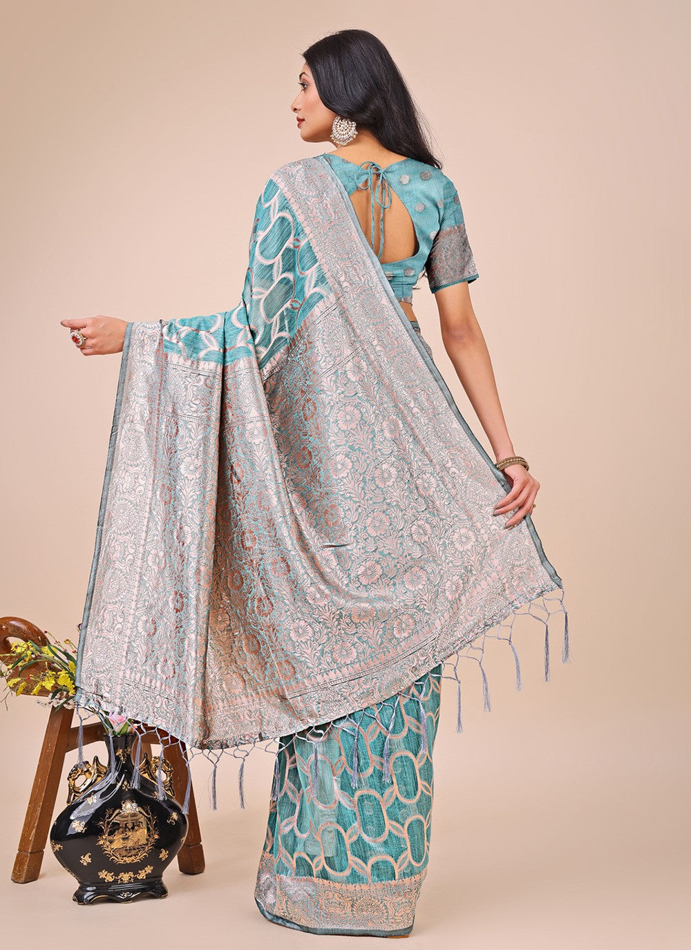 Woven Cotton Teal Contemporary Saree S15140
