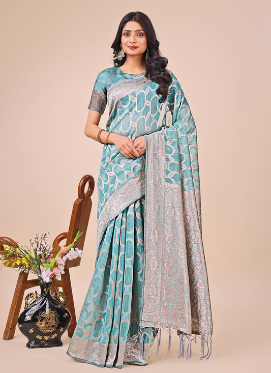 Woven Cotton Teal Contemporary Saree S15140