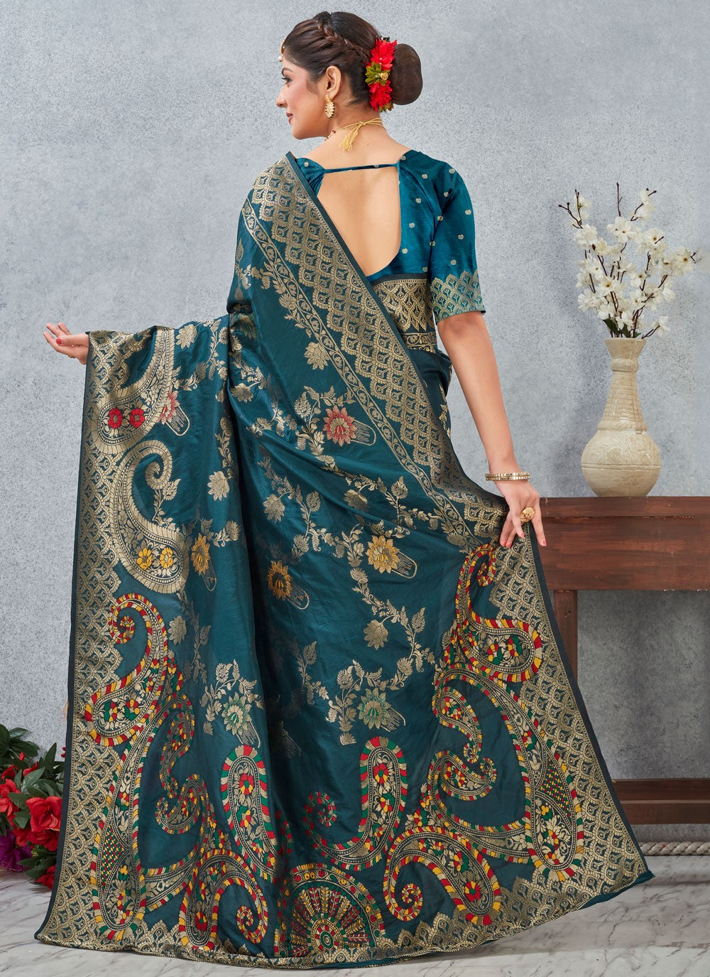 Teal Banarasi Silk Contemporary Saree Weaving Zari S20124