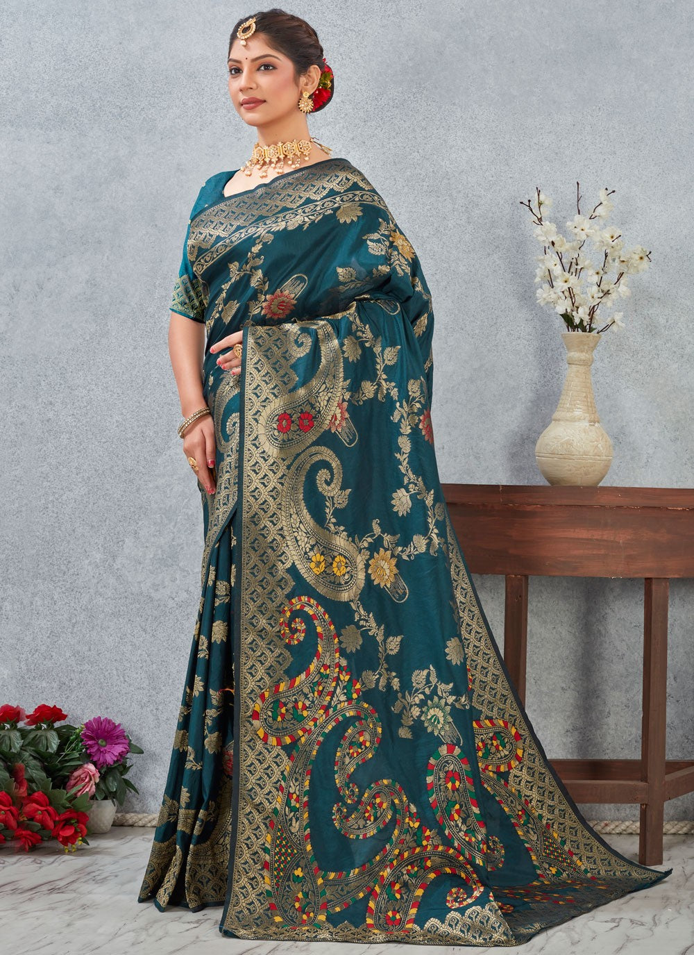 Teal Banarasi Silk Contemporary Saree Weaving Zari S20124
