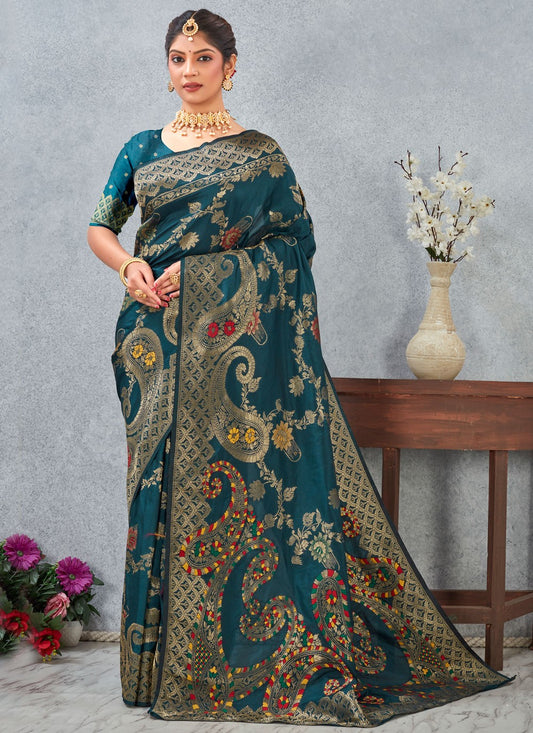 Teal Banarasi Silk Contemporary Saree Weaving Zari S20124